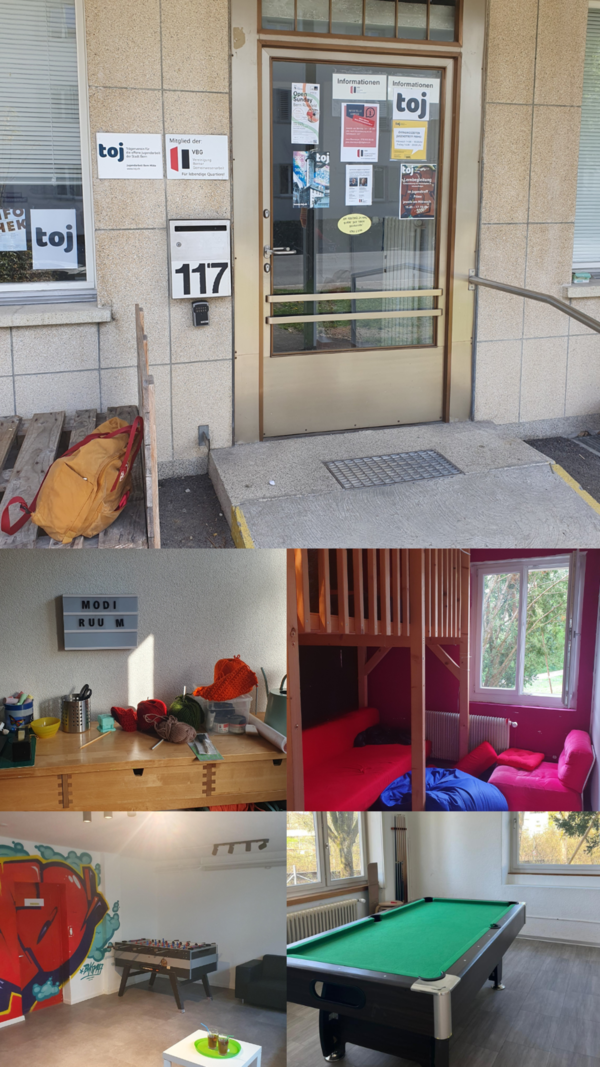 Der Eingang des Jugendtreffs Primo und verschiedene Räumlichkeiten. In den Räumen hat es Sofas, Strickmaterial, ein Tischfussballkasten und ein Billardtisch. Der Eingang des Jugendtreffs Primo und verschiedene Räumlichkeiten. In den Räumen hat es Sofas, Strickmaterial, ein Tischfussballkasten und ein Billardtisch.