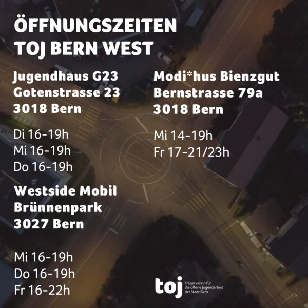 Der Flyer des Jugendhaus G23 und des Modi*hus G23 mit den Infos zu den Öffnungszeiten und den Adressen. Der Flyer des Jugendhaus G23 und des Modi*hus G23 mit den Infos zu den Öffnungszeiten und den Adressen.