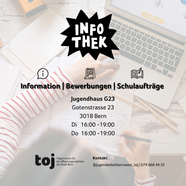 Der Flyer der Infothek mit den Infos zum Standort und Öffnungszeiten