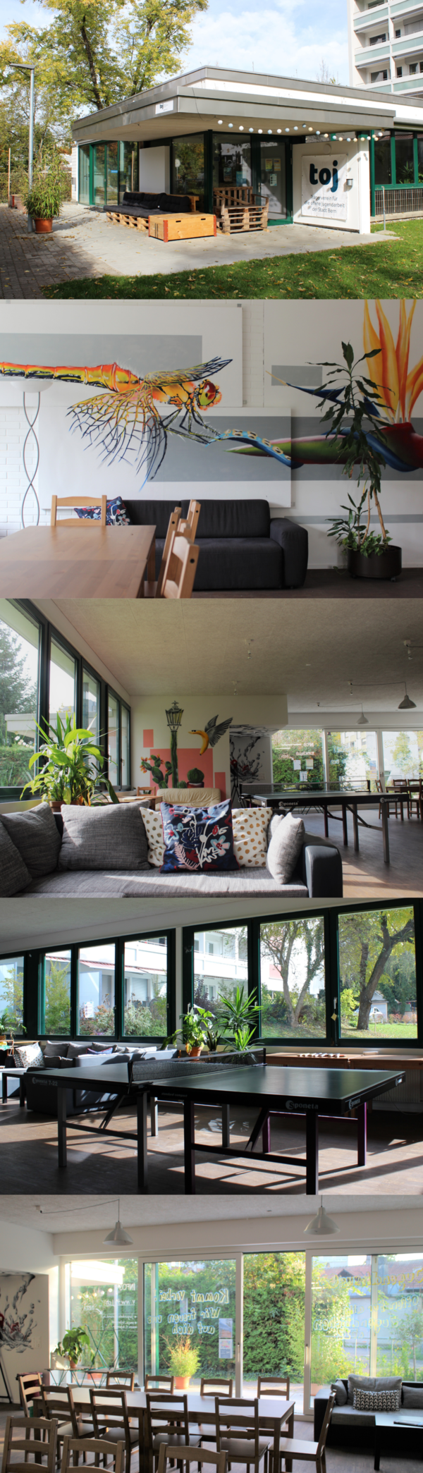 Das Jugendhaus G23 von aussen, mit den Sitzmöglichkeiten und einer toj Plache neben dem Eingang. Die Räume innen sind mit Tischen und Stühlen, Sofas und einem Pingpongtisch ausgestattet.